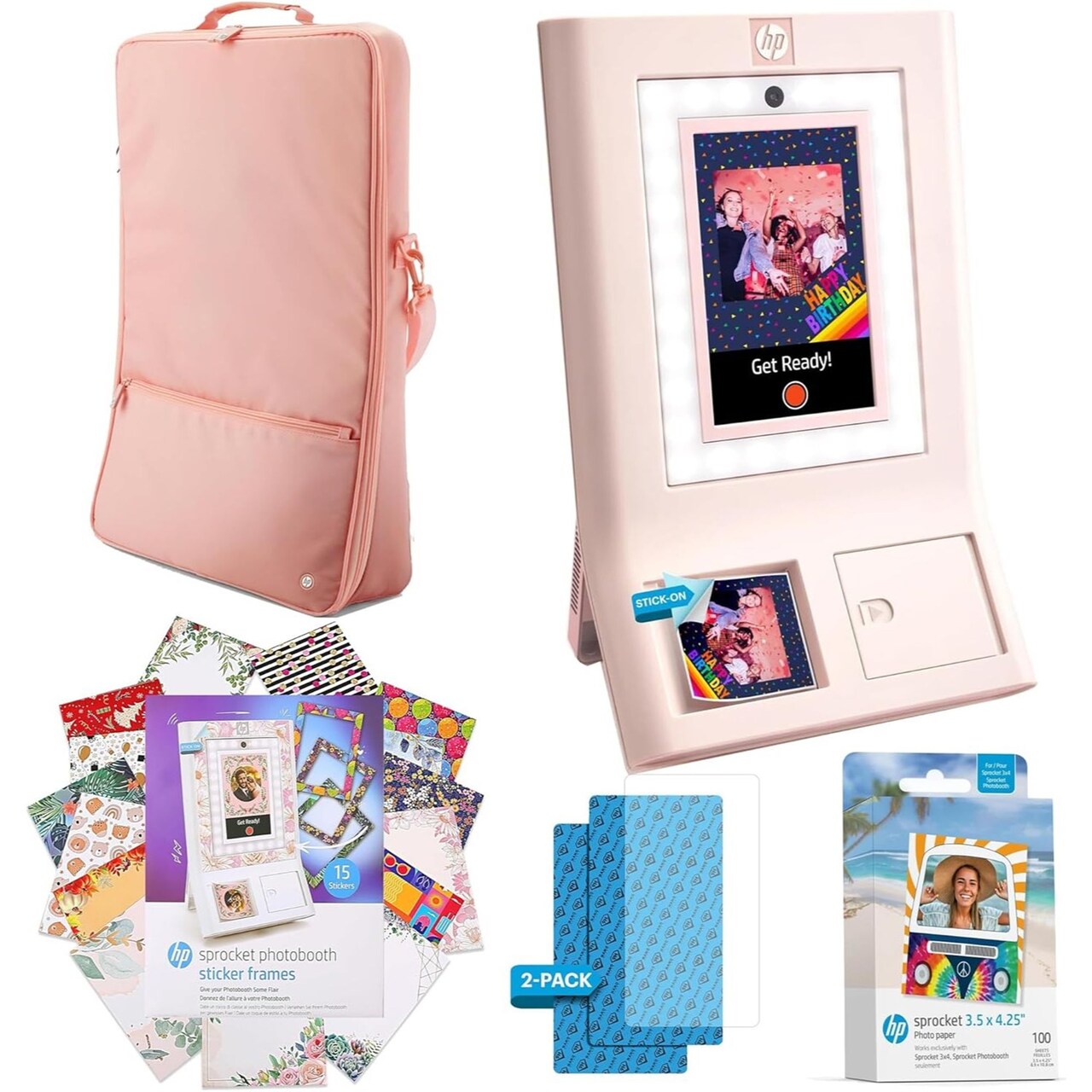 HP Sprocket Photobooth 3x4" Photo Printer Bundle w/Zink Paper, Case, Screen Protector & More